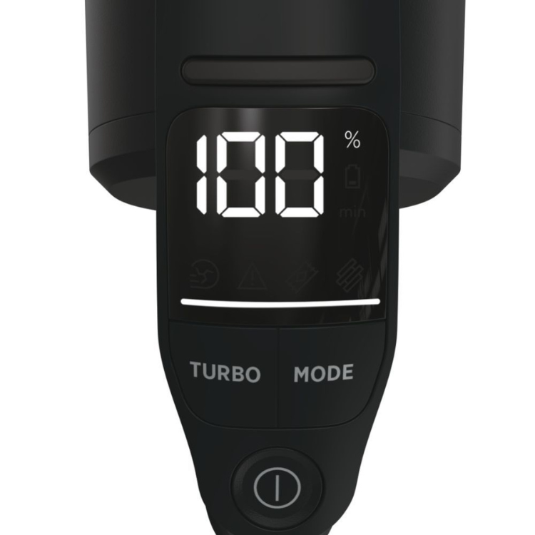 Black Hoover HFX10P vacuum control panel showing 100% battery, turbo and mode buttons.