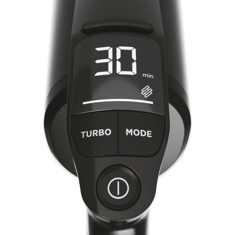 Black Hoover HFX10P vacuum control panel, 30 minutes remaining, turbo and mode buttons.