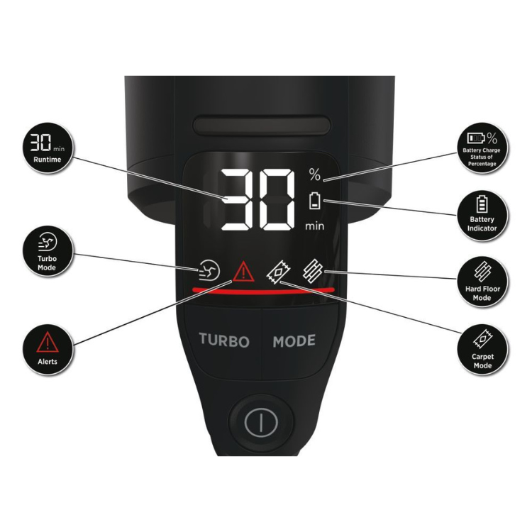 Black Hoover HFX10P vacuum control panel, 30min runtime, 80% battery.