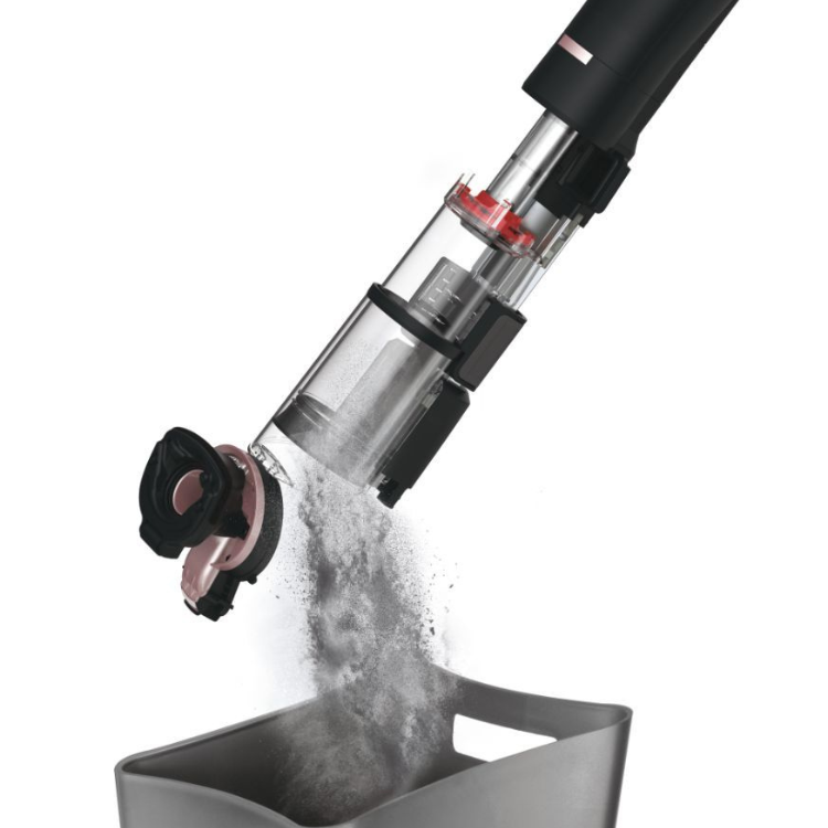 Black upright vacuum cleaner, Hoover HFX10P, 365W, emptying dust into container.