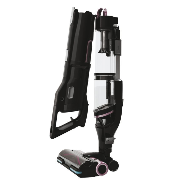 Black upright vacuum cleaner, Hoover HFX10P, 365W, disassembled to show internal components and battery pack.