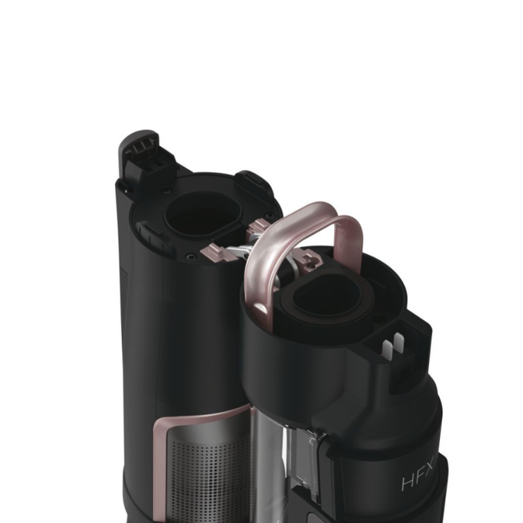 Black upright vacuum cleaner, Hoover HFX10P, with rose gold accents, 365W.