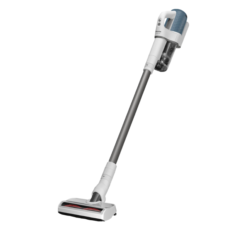 Aspirador vertical Miele Duoflex HX1 azul, com cabo longo e base plana com faixa vermelha.