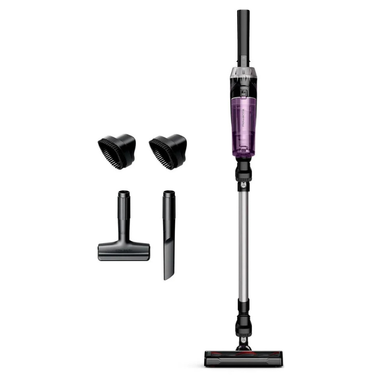 Rowenta X-Nano Essential RH1129WO purple and black upright vacuum with attachments.