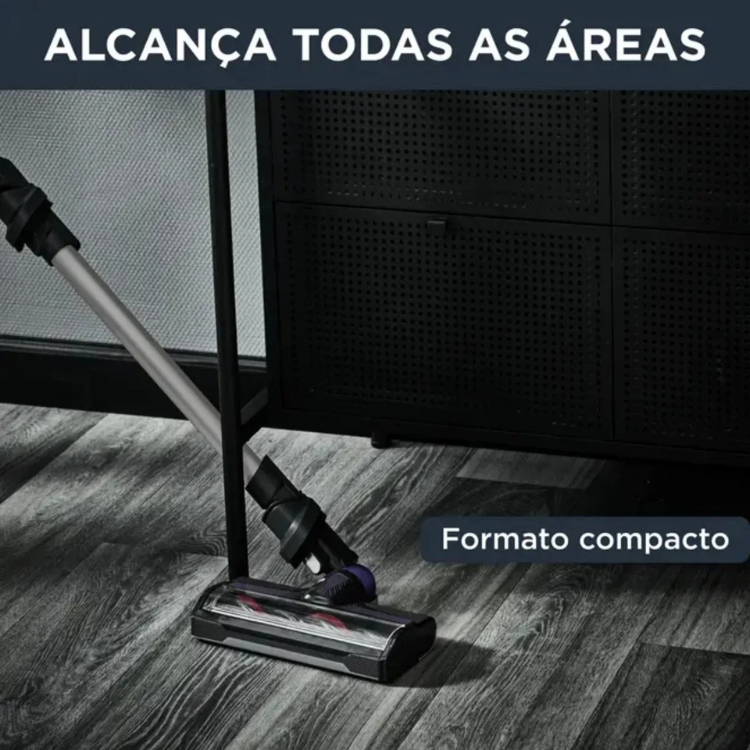 Rowenta X-Nano Essential RH1129WO upright vacuum cleaner, black, on wooden floor.
