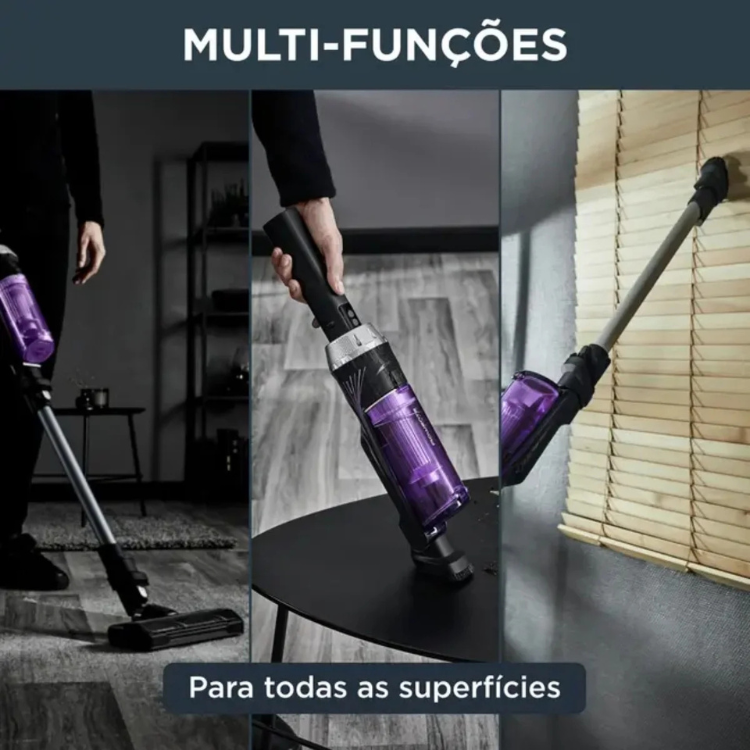 Rowenta X-Nano Essential purple and black handheld vacuum cleaner with long metal wand.