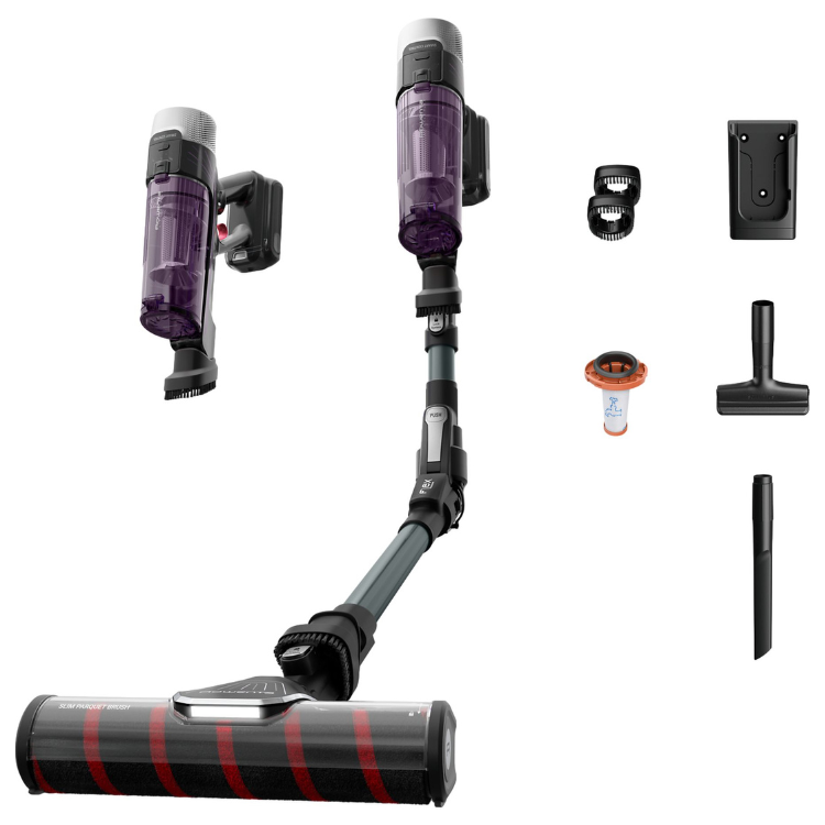 Aspirador vertical Rowenta RH2048 X-Force Flex 9.60 preto e roxo com acessórios.