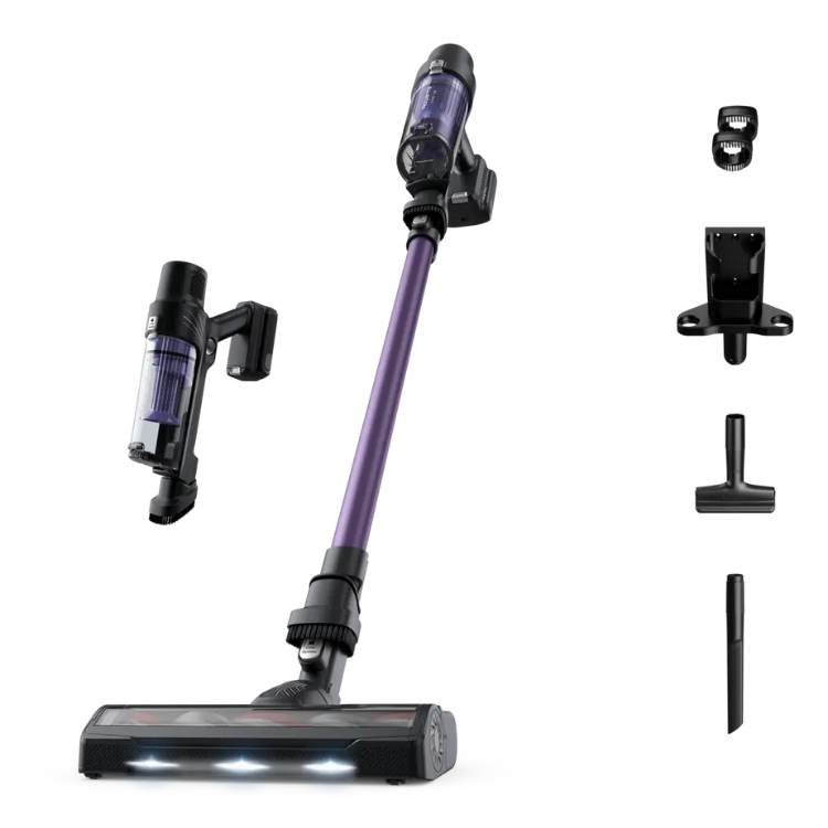Rowenta X-Pert 7.60 purple and black cordless vacuum with attachments.