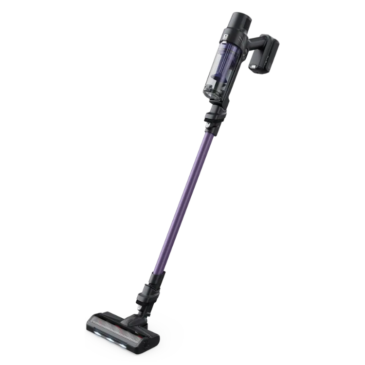Rowenta X-Pert 7.60 purple and black cordless vacuum cleaner with clear container.