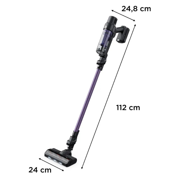 Rowenta X-Pert 7.60 purple cordless vacuum cleaner with dimensions labeled.