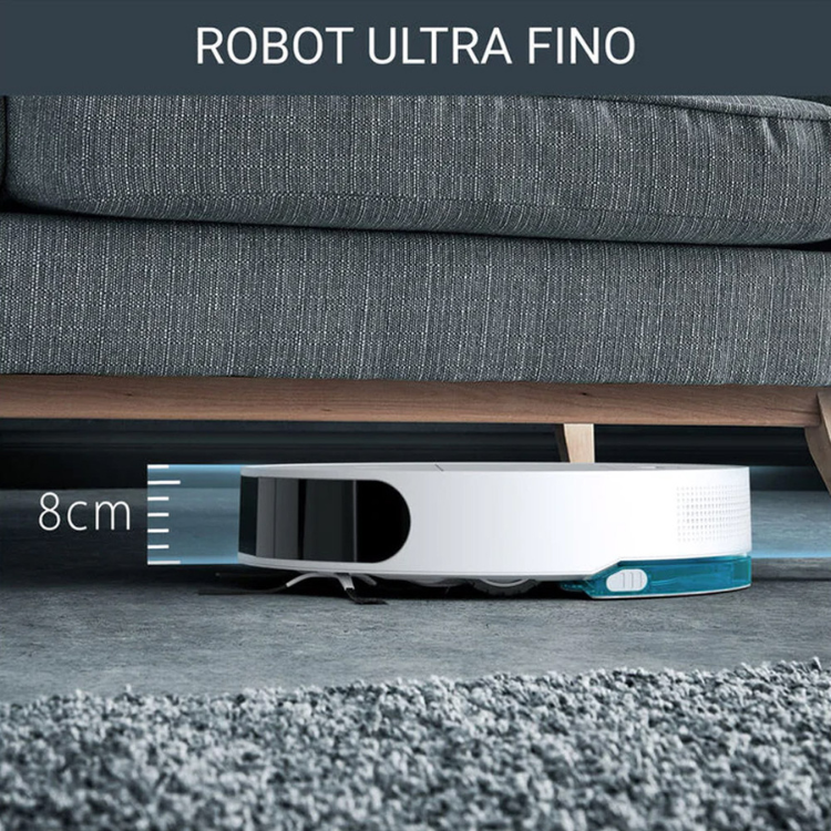 Aspirador robot Rowenta X-Plorer Serie 130 branco, fino, 8cm de altura, debaixo do sofá.
