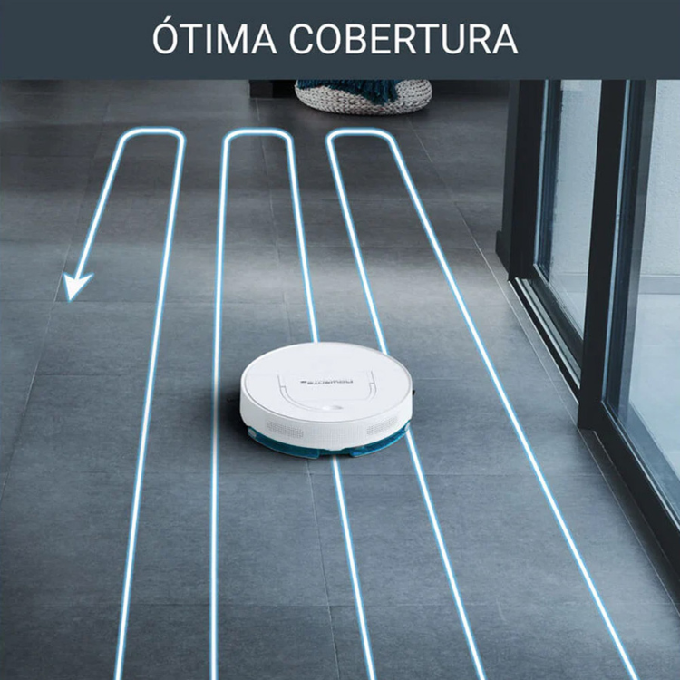 Aspirador robot Rowenta X-Plorer Serie 130 branco, mostrando trajetória de limpeza em piso de azulejo escuro.