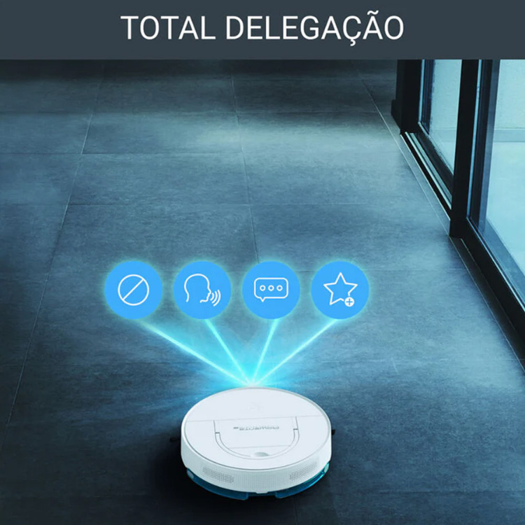 Aspirador robot Rowenta X-Plorer Serie 130 Branco, com ícones de funcionalidades avançadas de limpeza.