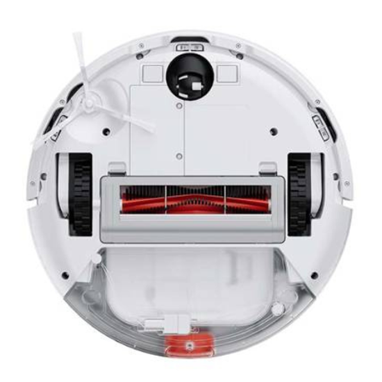 White Xiaomi robot vacuum cleaner E10, bottom view, red and black details.