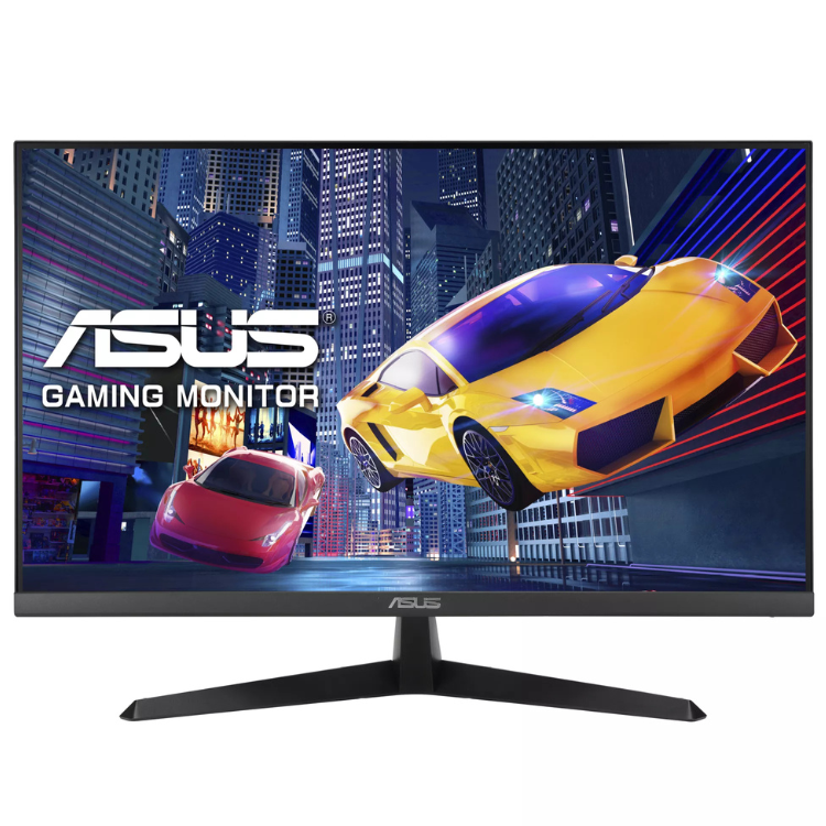 Monitor gaming Asus VY279HGR, 27 polegadas, IPS, FHD, 120Hz, preto, com imagem de carros a alta velocidade.