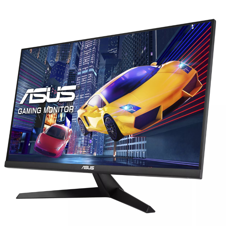 Monitor gaming Asus VY279HGR, 27 polegadas, preto, com imagem de carros em alta velocidade.