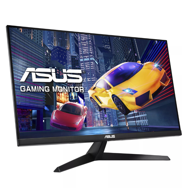 Monitor gaming Asus VY279HGR, 27 polegadas, preto, com carros na tela.