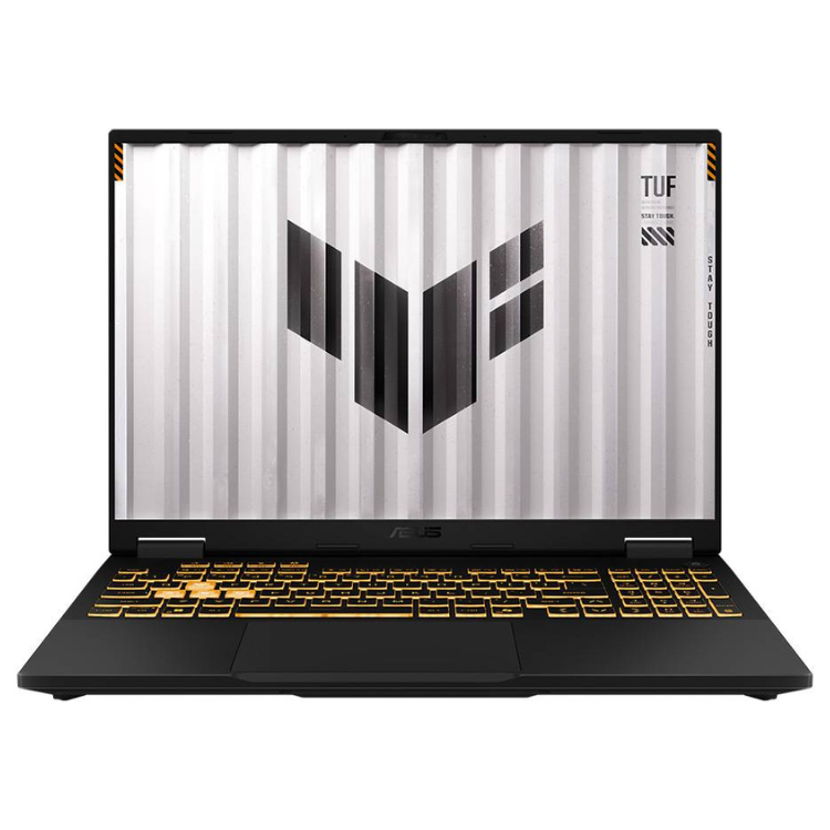 Asus TUF Gaming F16 laptop, black, 16-inch screen, gold keyboard, TUF logo on screen.