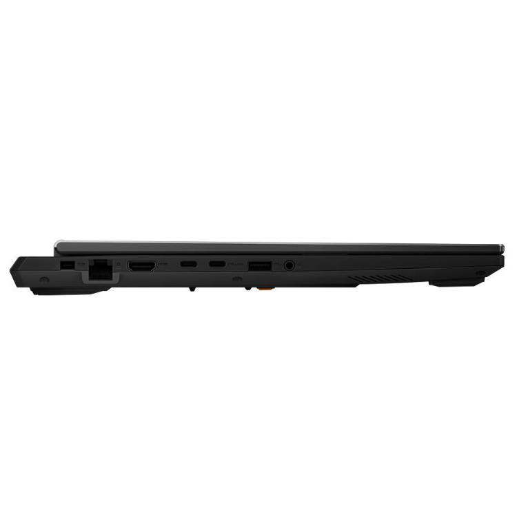 Asus TUF Gaming F16 laptop side view, black, various ports visible.
