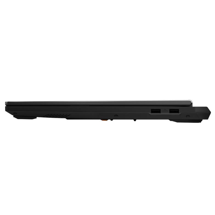 Asus TUF Gaming F16 laptop side view, black, 16-inch, various ports visible.
