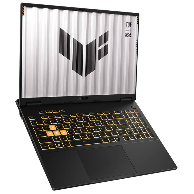 Asus TUF Gaming F16 laptop, black with yellow keyboard, 16" screen displaying TUF logo on grey background.