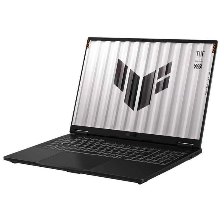 Black Asus TUF Gaming laptop, 16-inch screen, TUF logo on display.