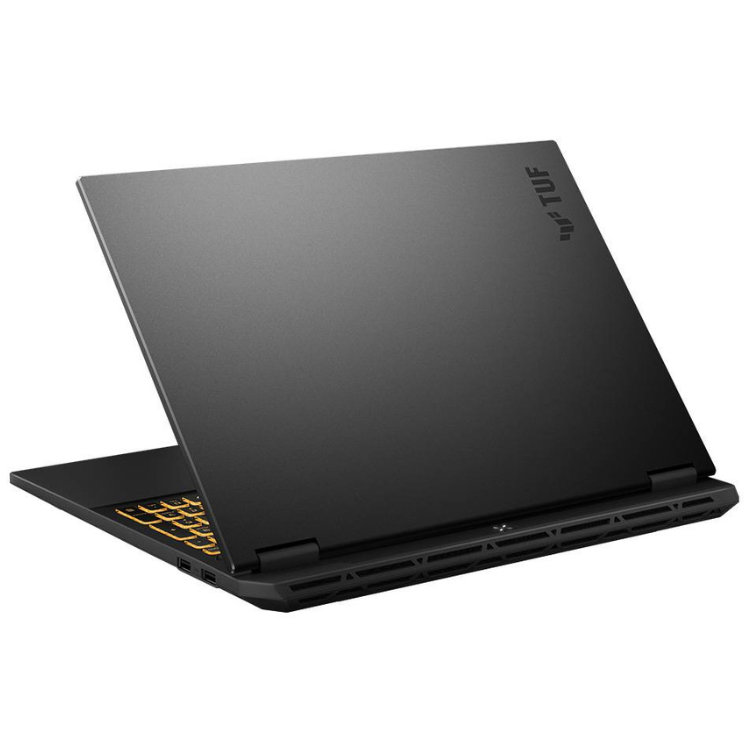 Asus TUF Gaming laptop, black, 16-inch, TUF logo on lid, yellow keyboard accents.