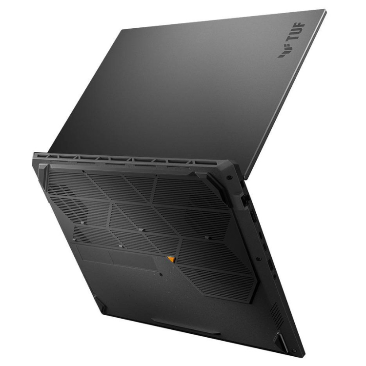 Asus TUF Gaming F16 laptop, gray, open back view showing vents and TUF logo.