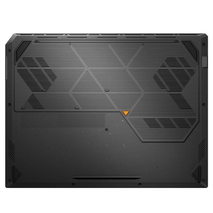 Grey Asus TUF Gaming F16 laptop rear view, vents and orange logo visible.