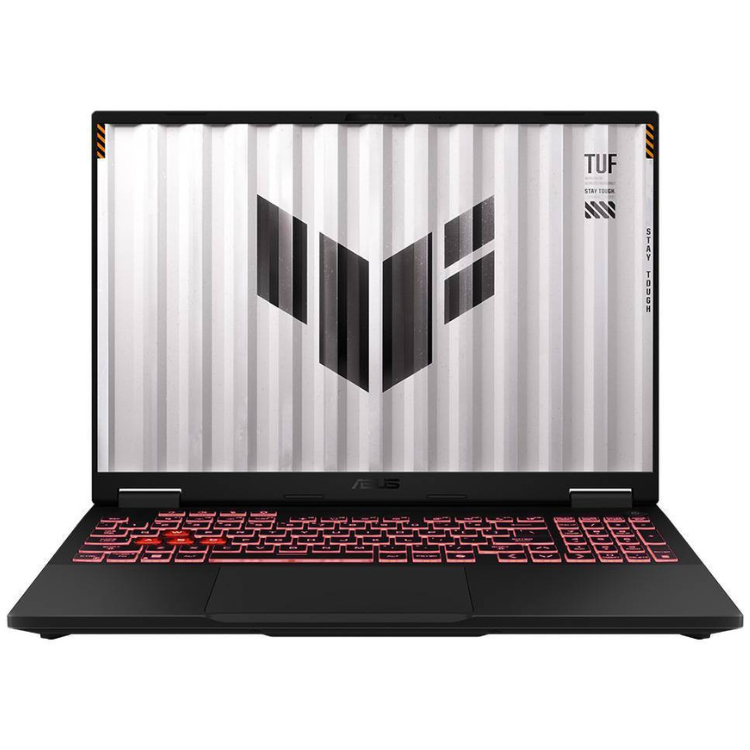 Portátil Asus TUF Gaming A16, ecrã de 16 polegadas, teclado iluminado a vermelho, cor cinzento escuro.