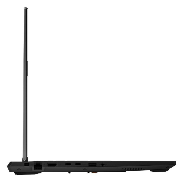 Portátil Asus TUF Gaming A16 lateral, cinzento, com várias portas e antena, sem sistema operativo.