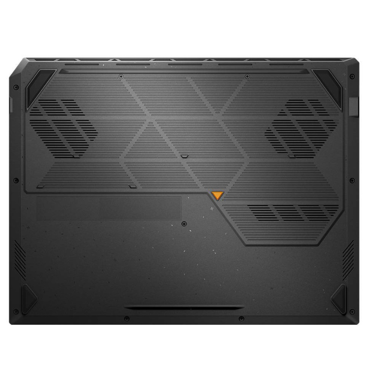 Portátil Asus TUF Gaming A16, parte traseira cinzenta com detalhes em laranja e aberturas de ventilação.