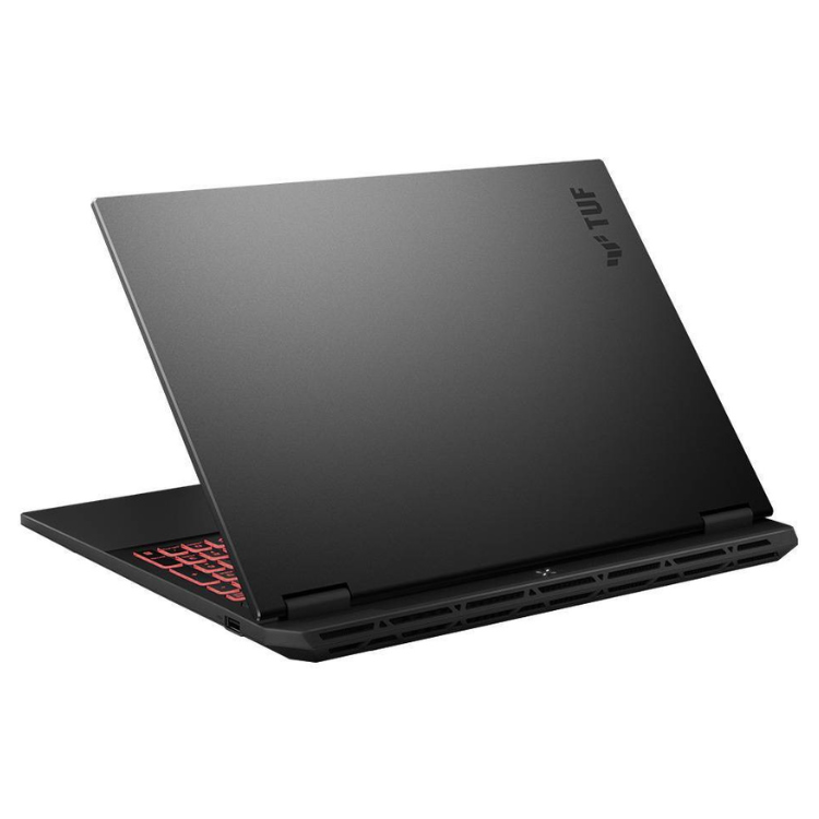 Portátil Asus TUF Gaming A16, cinzento, 16 polegadas, aberto, mostrando o teclado com detalhes em laranja.