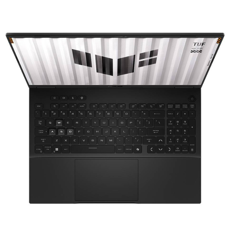 Portátil Asus TUF Gaming A16, 16 polegadas, cinzento, teclado preto e ecrã aberto com logótipo TUF.