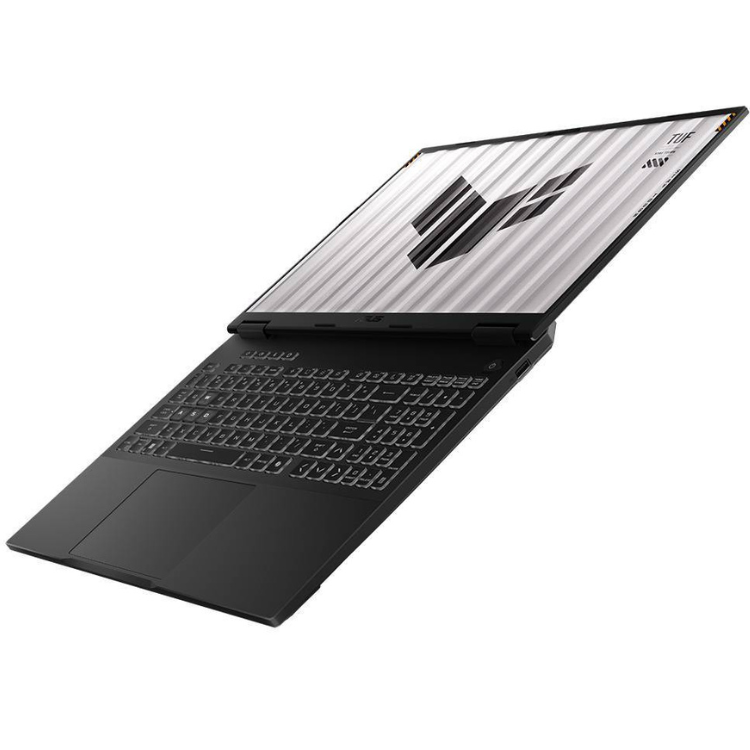 Portátil Asus TUF Gaming A16, 16 polegadas, cinzento, teclado preto, ecrã riscado, logótipo TUF visível.
