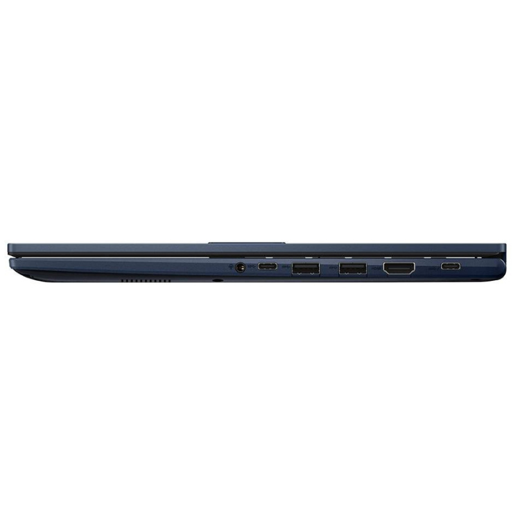 Asus VivoBook F1504VA laptop side view, blue, various ports visible.