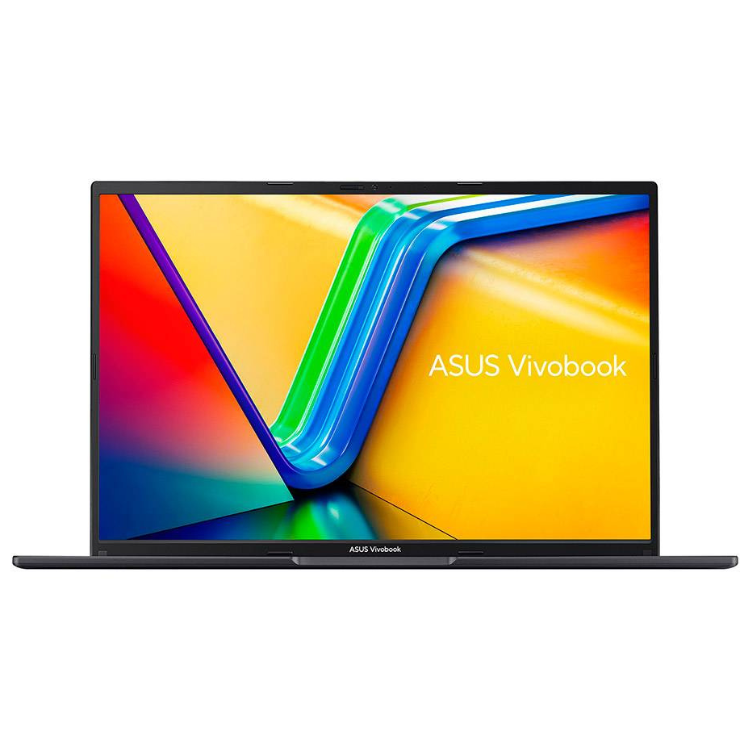 Black Asus Vivobook laptop with 16-inch screen displaying colorful wallpaper and brand name.