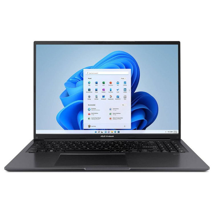 Black Asus VivoBook laptop, 16-inch screen, Windows desktop on display.