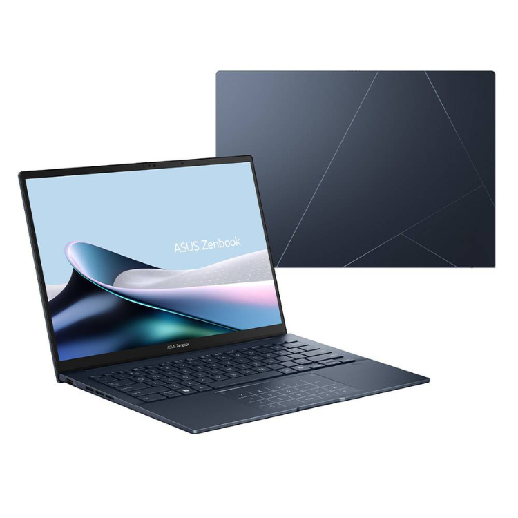 ASUS Zenbook 14 dark blue laptop with screen on, showing brand logo and abstract background.