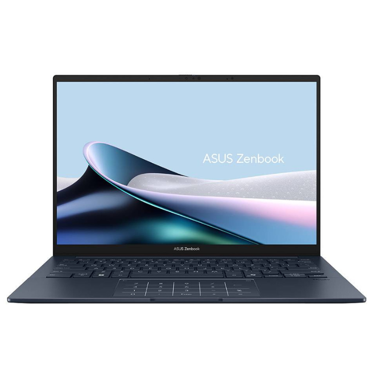 ASUS Zenbook 14 laptop, blue, with keyboard and colorful display.