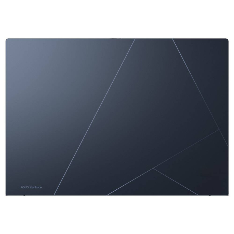ASUS Zenbook dark blue laptop top view with geometric lines.