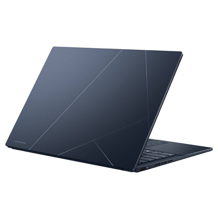 Asus Zenbook 14 laptop, blue, angled view showing back and keyboard, 14-inch display.