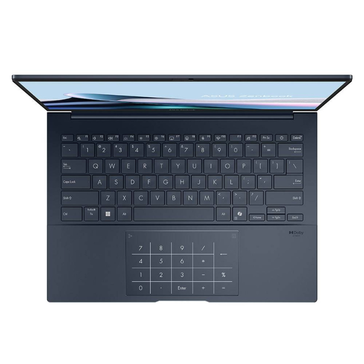 Asus Zenbook 14 dark grey laptop with keyboard and numeric keypad, blue screen displaying Asus Zenbook logo.