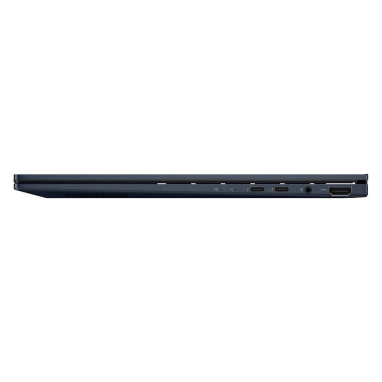Asus Zenbook 14 laptop side view, blue, various ports visible.