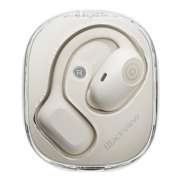 Auriculares Bluetooth Blackview Airbuds 100 TWS branco, em caixa de carregamento transparente, com o auricular direito visível.
