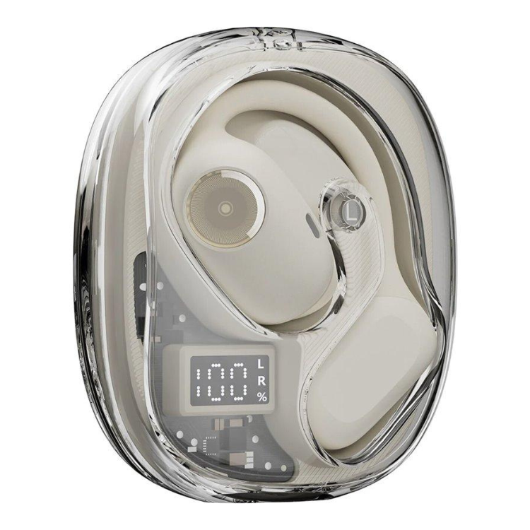 Auriculares Bluetooth Blackview Airbuds 100 TWS Branco em estojo de carregamento transparente.
