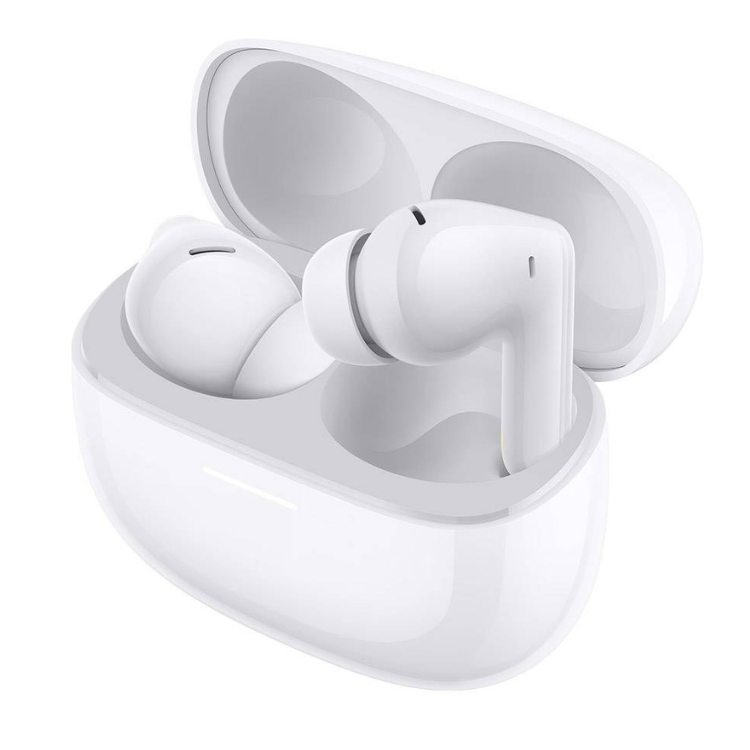 Auriculares Bluetooth Xiaomi Redmi Buds 8 Pro, brancos, sem fio, dentro de estojo de carregamento.