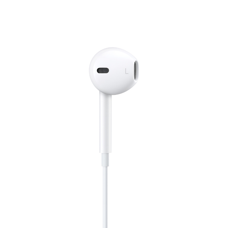 Auricular EarPods branco esquerdo com conector Lightning.