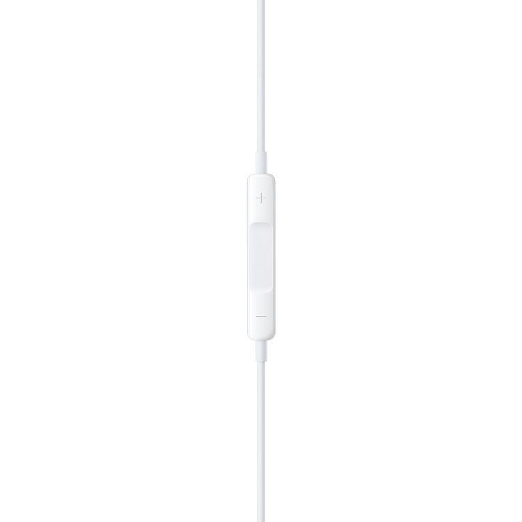 Auriculares EarPods Lightning brancos com controlo remoto e microfone.