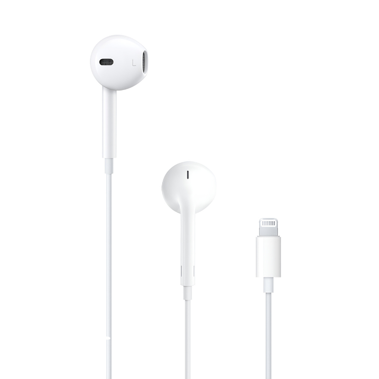 Auriculares EarPods Lightning brancos com conector Lightning.